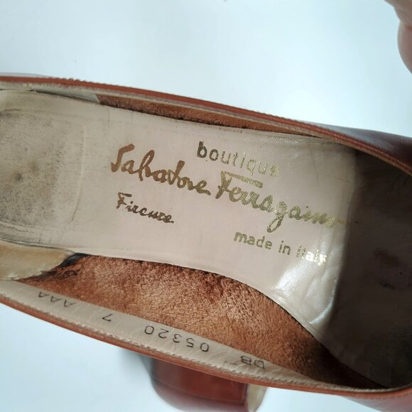 Vintage Ferragamo Brown Shoes Heels 7 Leather Bow Pumps - Picture 10 of 13